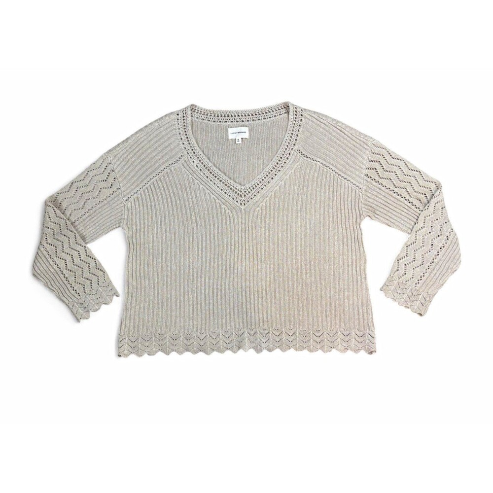Lucky Brand Pointelle Crochet V-Neck Sweater Beige Scalloped Knit Pullover Sz XL